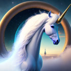 Fantastical unicorn illustration with spiraled horn in cosmic setting.