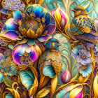 Detailed digital art: Two birds among colorful flowers