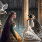 Regal woman with floral crown observing swans by reflective pond