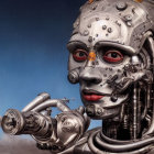 Hyper-realistic humanoid robots with intricate mechanical designs and mask-like features.