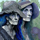 Stylized elderly women with blue patterns and elaborate hats gaze intently