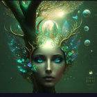 Stylized face integrated into a tree with magical elements in enchanted forest