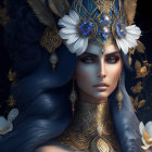 Elaborate Blue and Gold Headpiece Woman Portrait with Black Cat