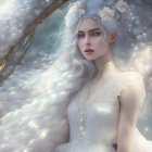 Ethereal woman with long white hair, blue eyes, orbs, and branches