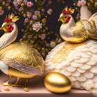 Golden ornate chickens with decorative egg on floral background