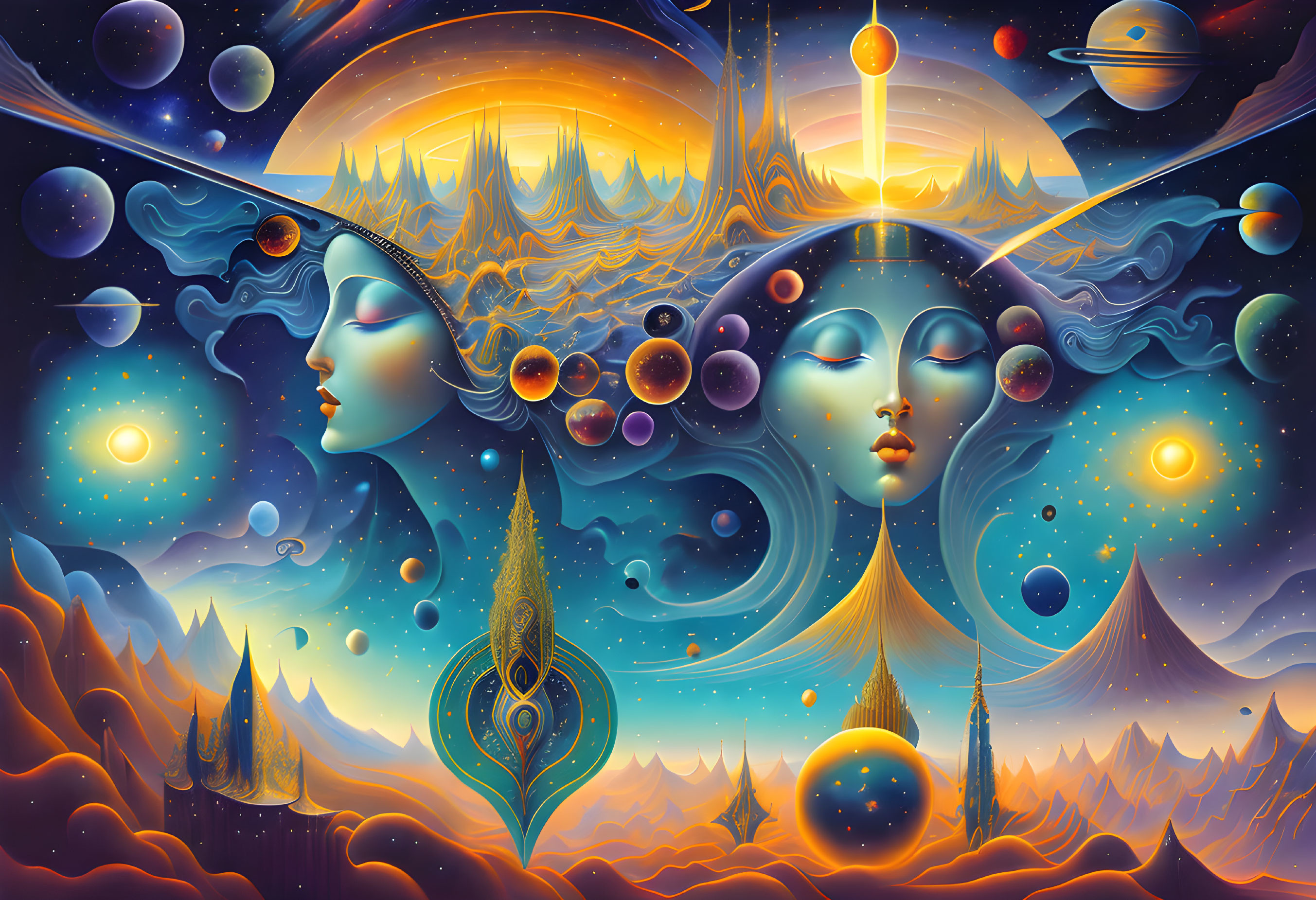 Ethereal profile faces with cosmic elements in vibrant landscape