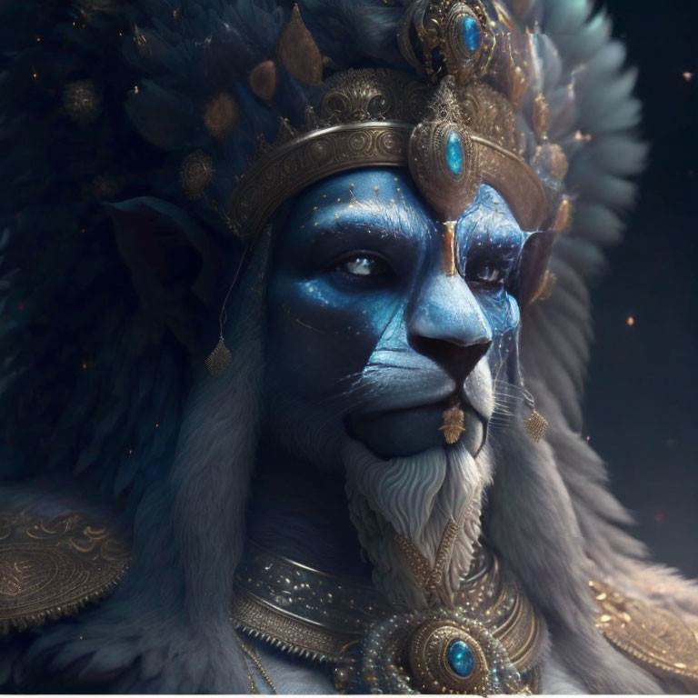 Blue lion-faced regal figure with golden jewelry and feathered headdress.