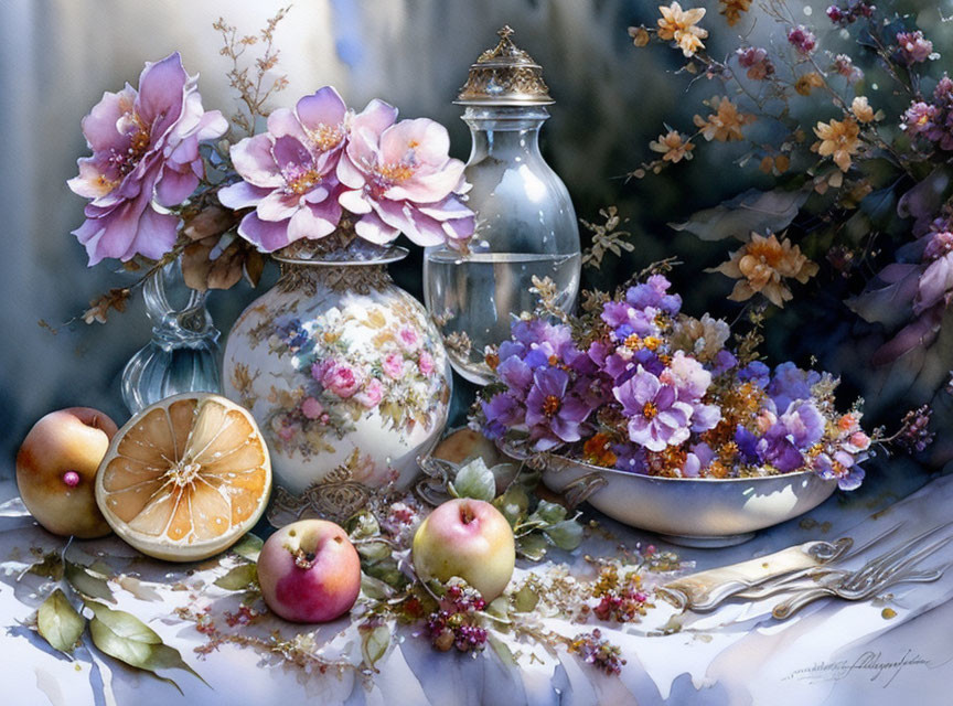 Purple flowers, fruit, lantern on draped table in still life painting