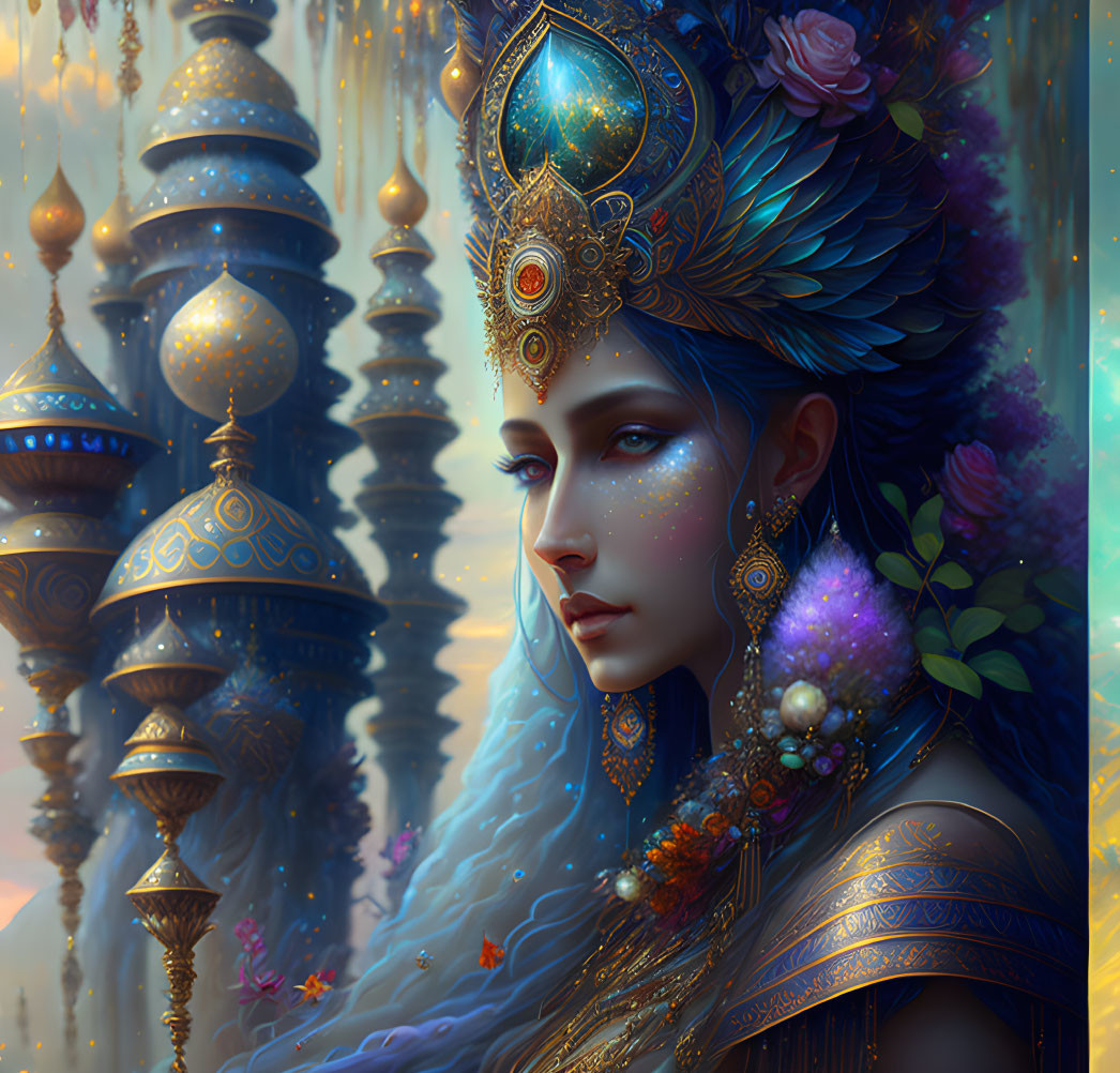 Intricate Blue and Gold Attire on Regal Figure in Ornate Setting