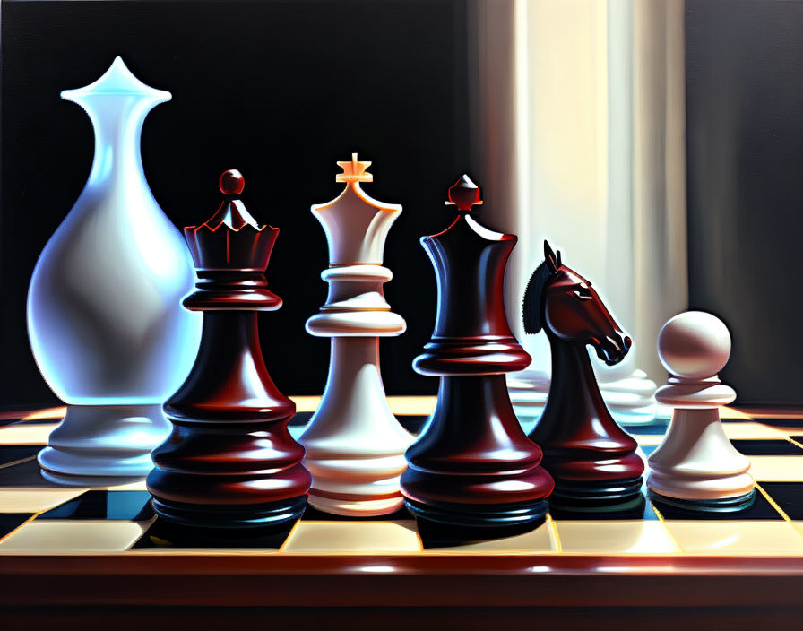 Stylized black and white chess set with dramatic lighting on checkered board