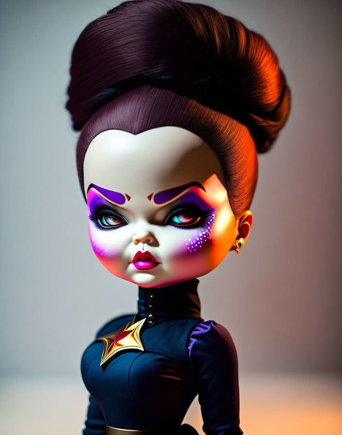 Exaggerated head figurine with purple and pink makeup and star emblem outfit