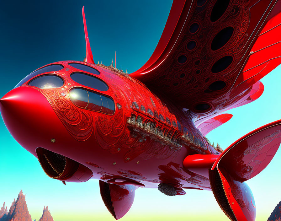 Futuristic red aircraft with intricate patterns flying over rocky terrain