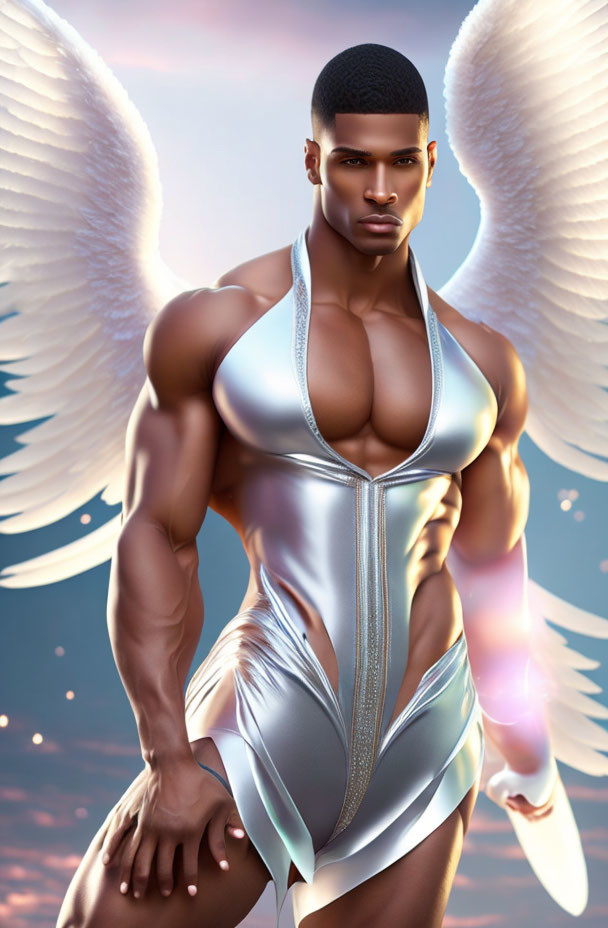 Muscular winged male in silver futuristic outfit against celestial backdrop