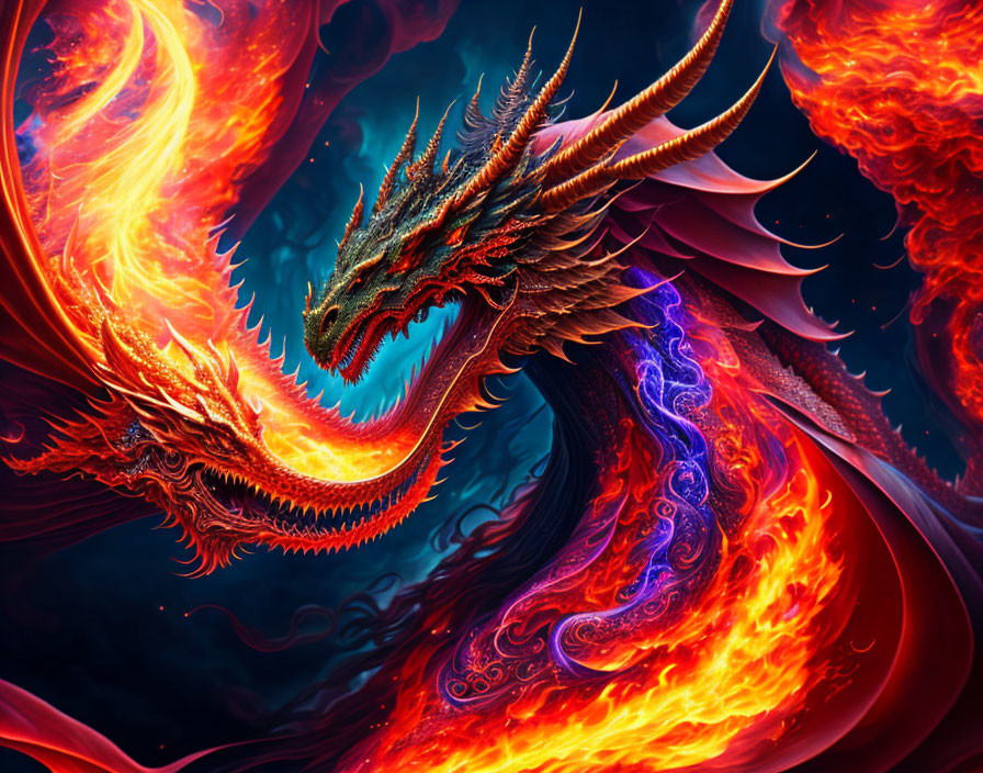 Fiery dragon digital artwork with intricate scales and swirling flames