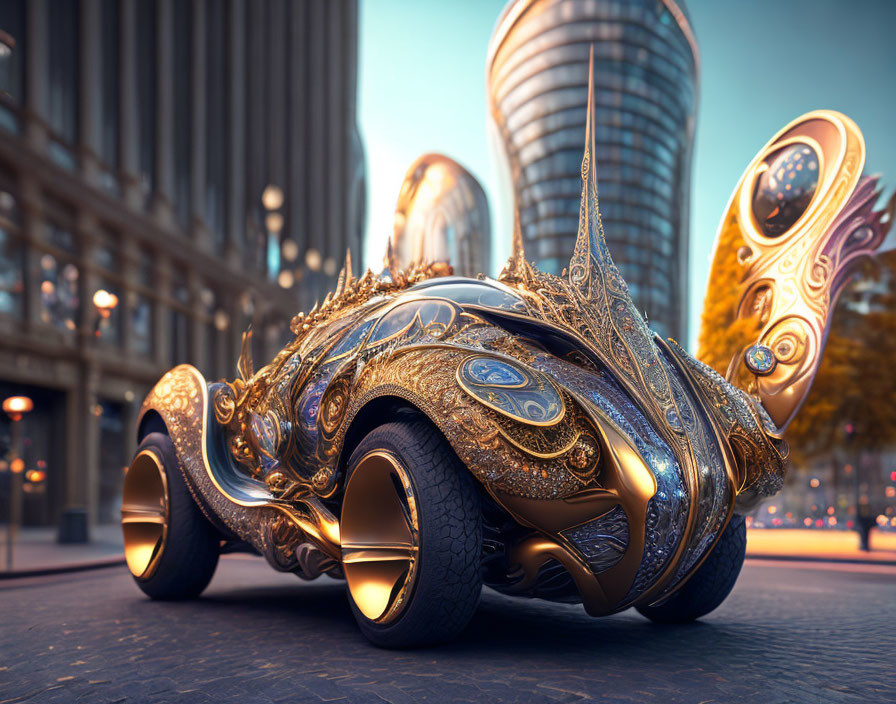 Ornate gold-adorned futuristic car parked on city street at dusk