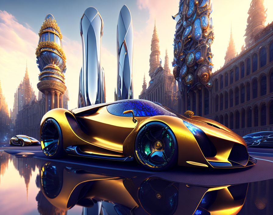 Futuristic golden car in high-tech cityscape