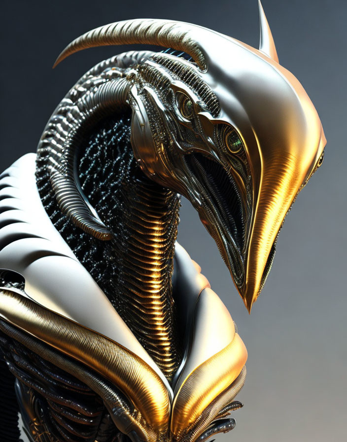 Futuristic metallic alien creature with golden and silver tones