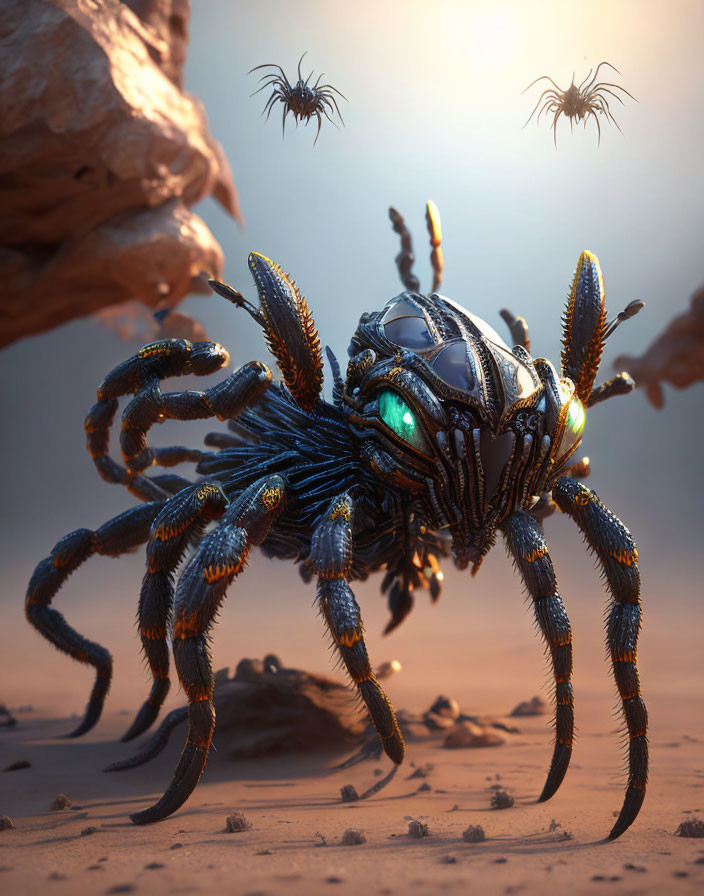 Detailed mechanical spider with glowing eyes in desert landscape