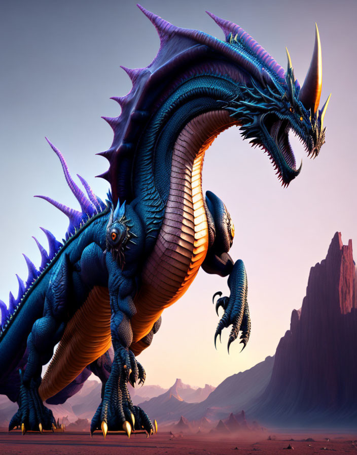 Blue dragon with horns and spikes in desert landscape at sunset.