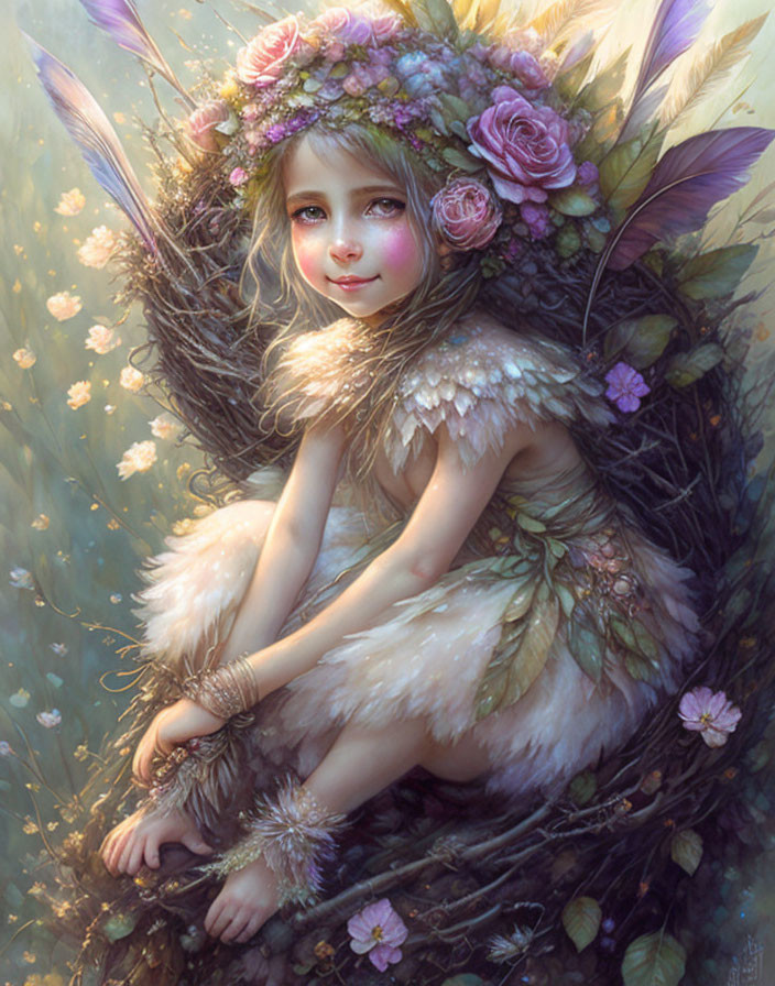 Illustration of fairy girl in bird's nest with flowers and feathers, exuding serene aura