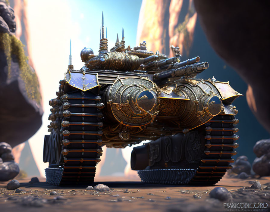 Detailed 3D Illustration of Steampunk-Style Tank in Desert Landscape