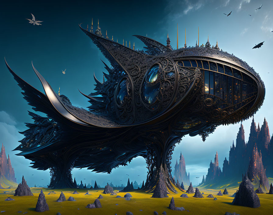Ornate airship on tree structure in surreal landscape