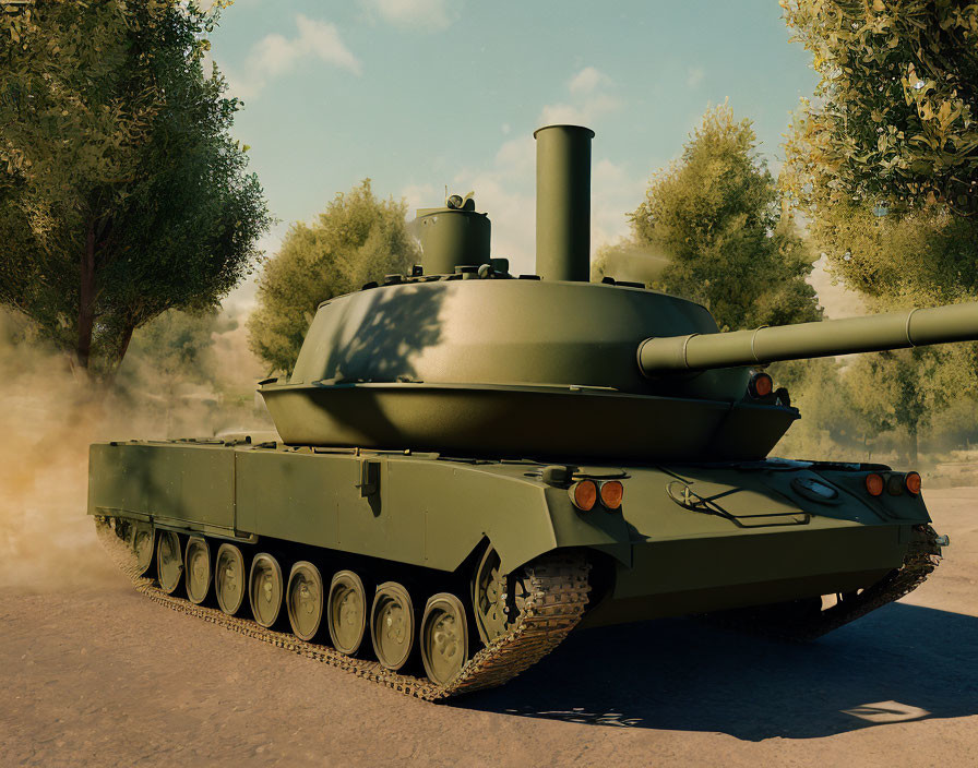 Modern Tank Advancing Through Dirt Landscape with Trees in 3D Render