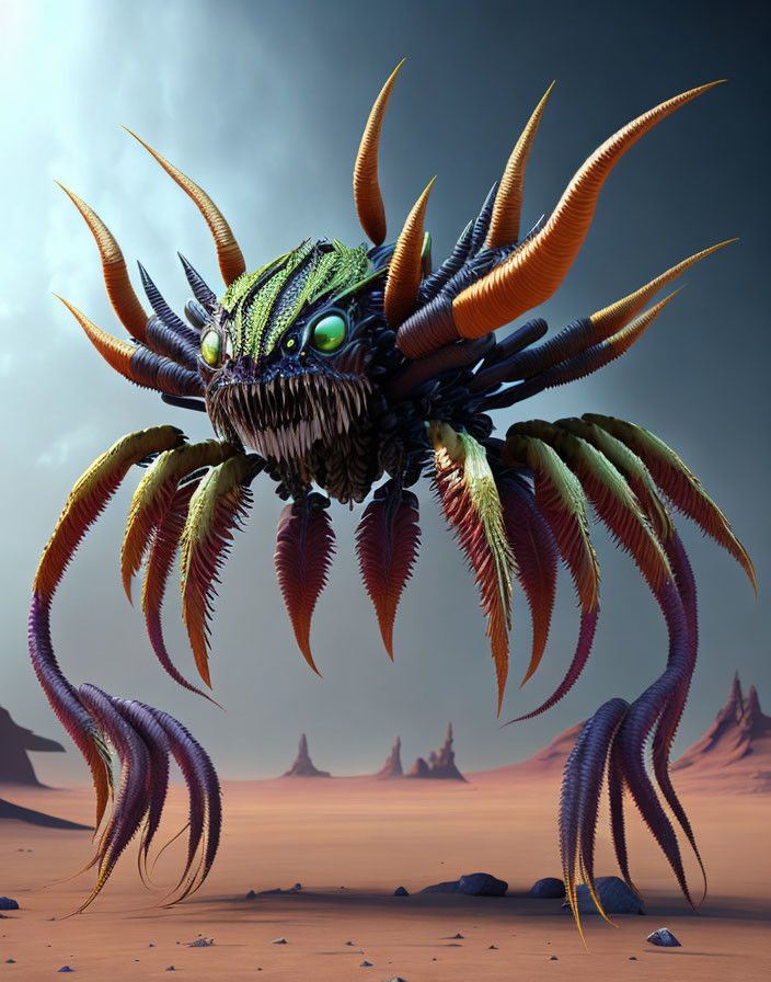 Colorful horned spider creature in desert landscape
