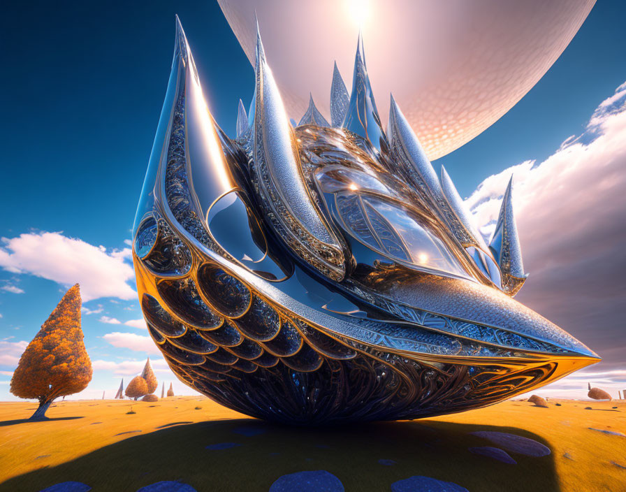 Futuristic metallic structure with intricate designs on plain under vast sky with Saturn-like planet and orange trees