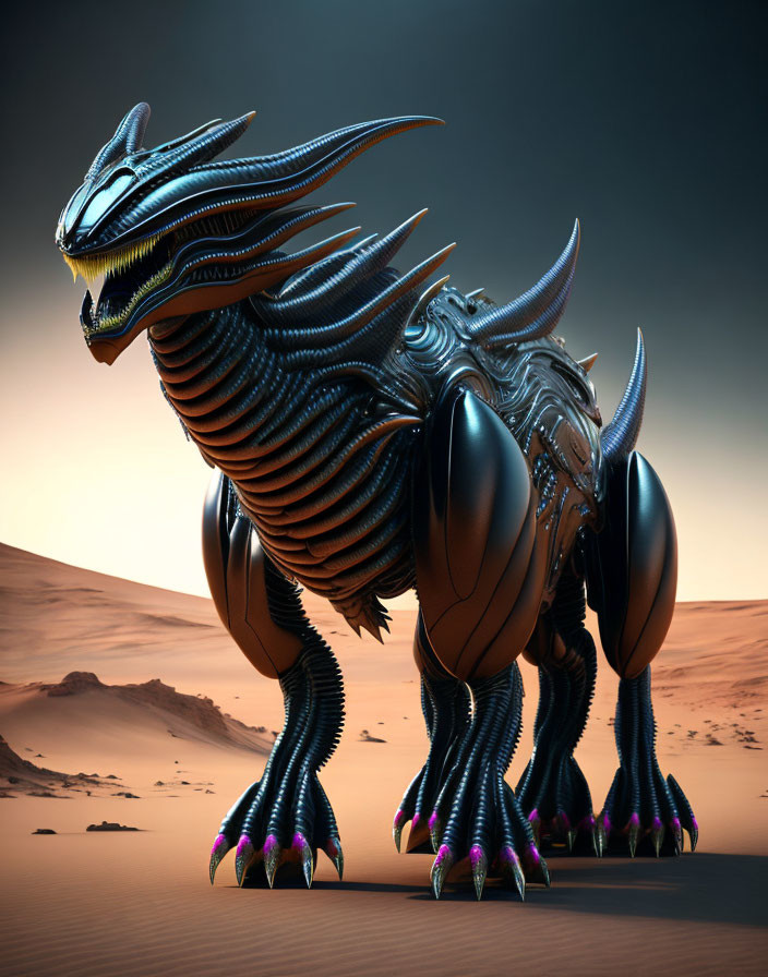 Intricate metallic dragon in desert landscape with sharp claws