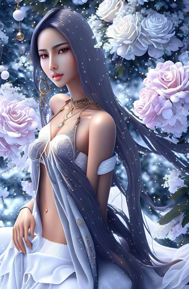 Illustration of woman in traditional attire with long hair, amidst white roses and snowflakes, ev