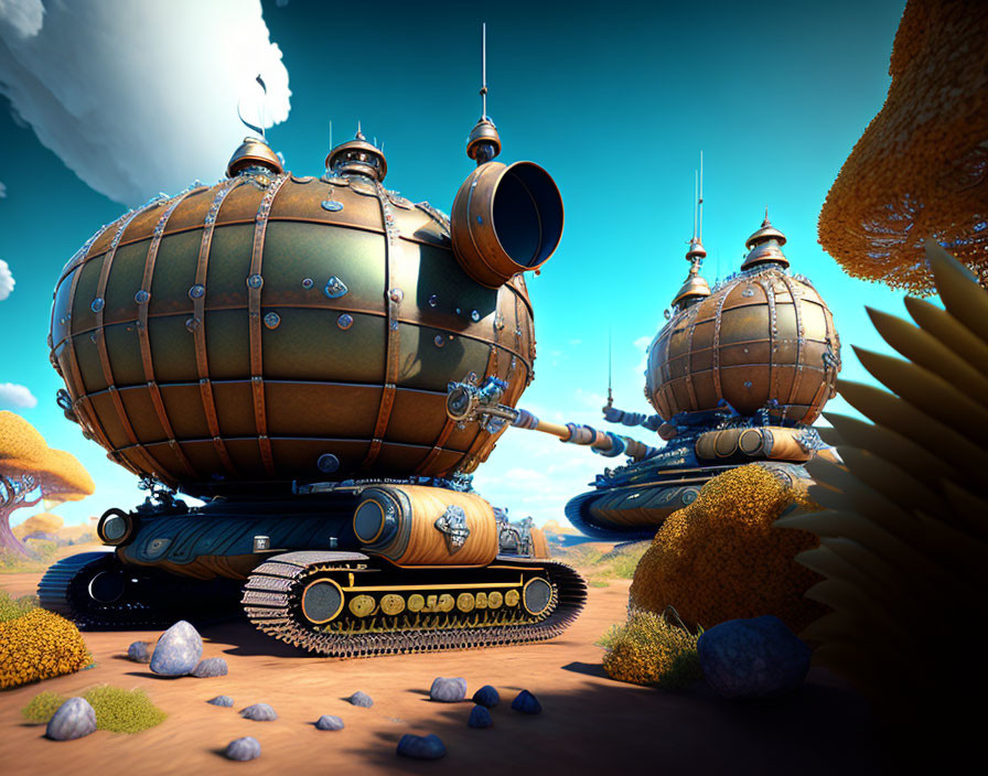 Spherical steampunk tanks on treads in surreal desert landscape