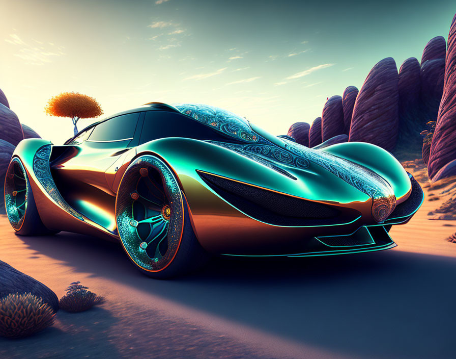 Teal futuristic car with ornate designs in surreal desert setting