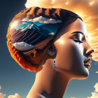 Woman's Side Profile with Mountain Landscape Inside Head Against Cloudy Sky