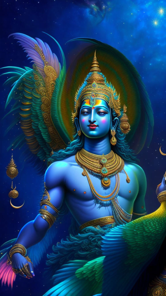 Blue-skinned figure with multiple arms and peacock feather crown in cosmic setting