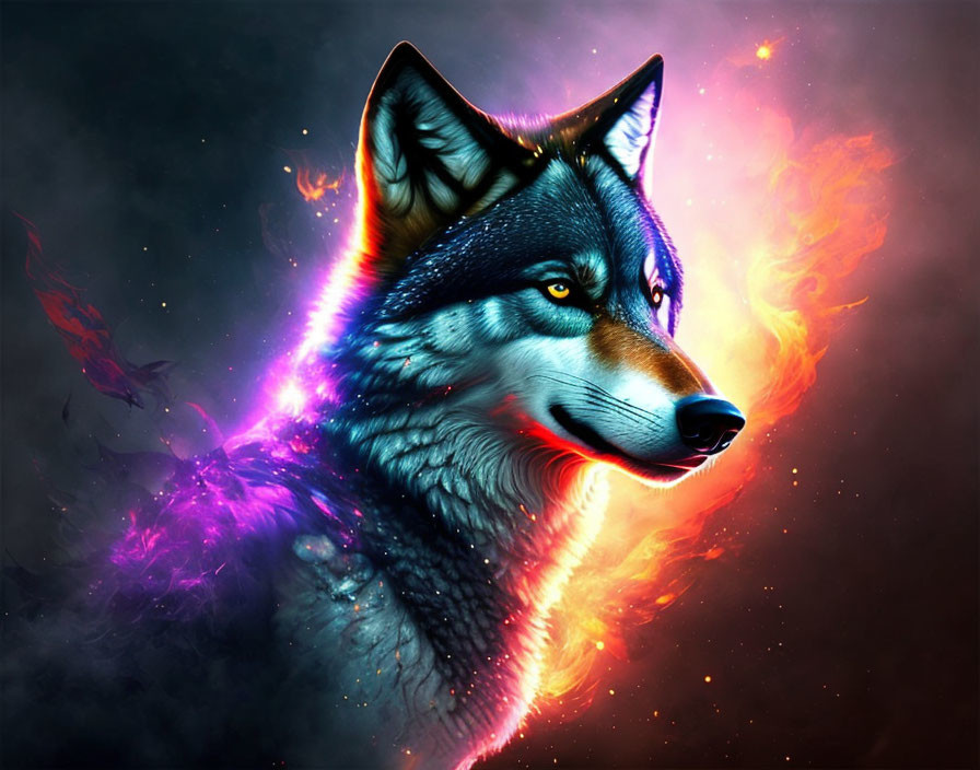 Colorful Wolf Artwork with Neon Glows and Cosmic Background