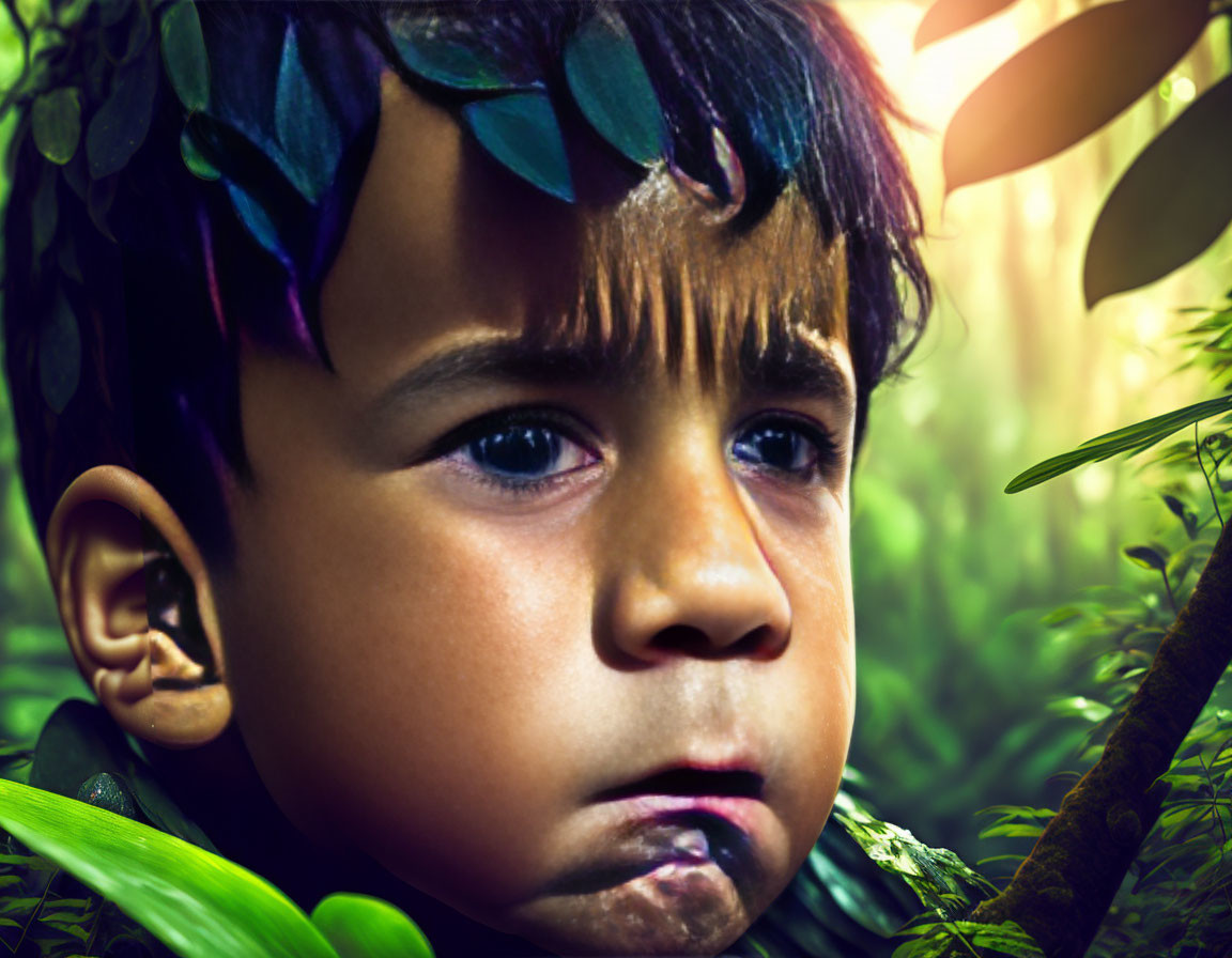 Child with Leaf Crown Contemplating in Green Foliage