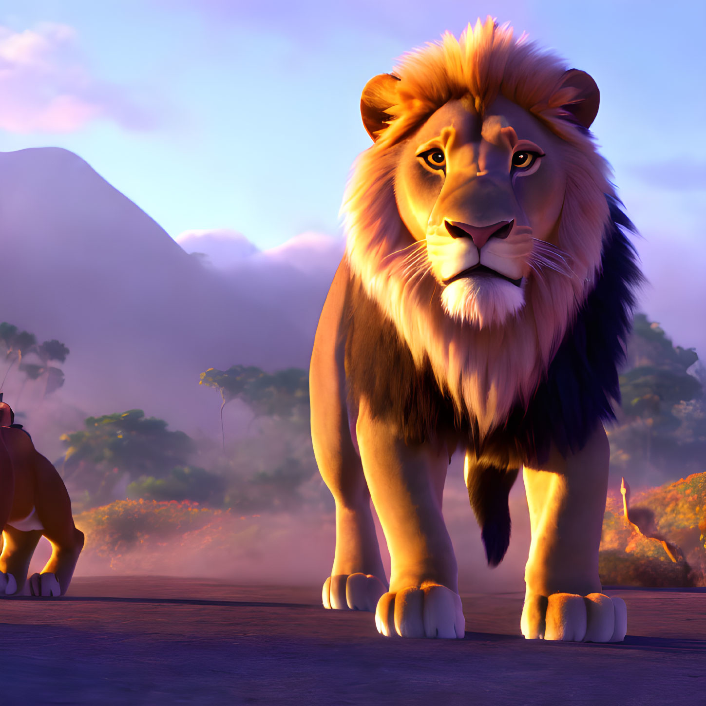 Majestic animated lion in savanna at sunrise or sunset