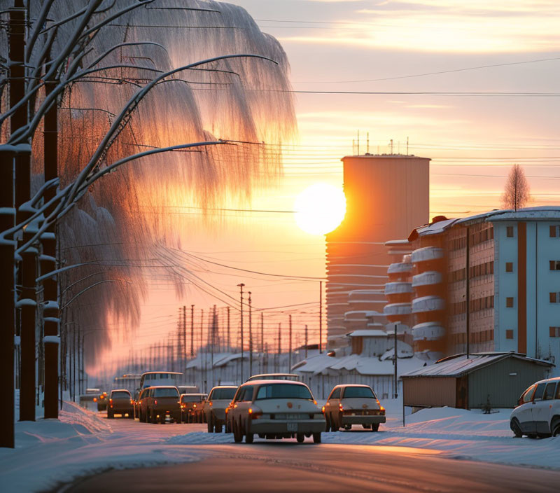 Snow-lined Street Traffic at Sunset with Silhouettes of Trees and Buildings