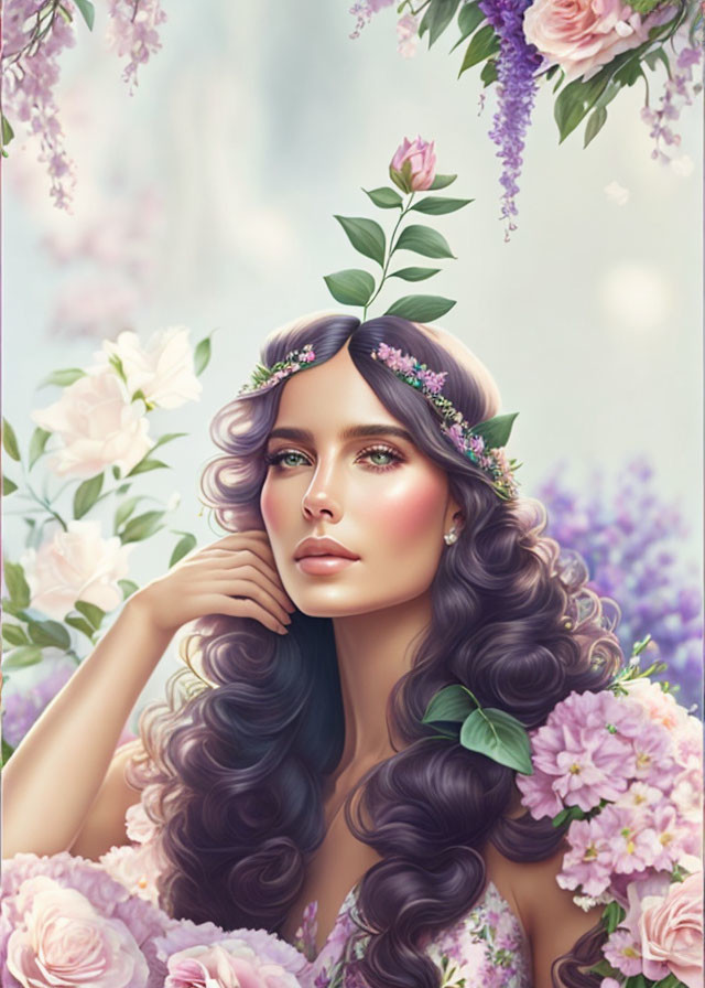 Woman with Long Curly Hair Surrounded by Pink and Purple Flowers