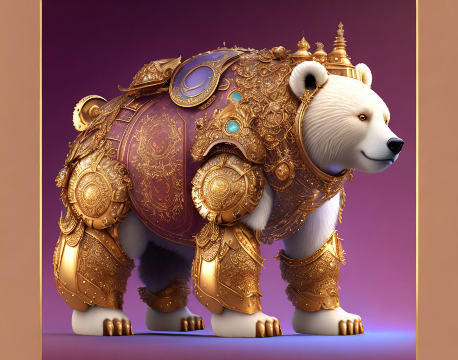 Elaborate Golden Armor Bear Illustration on Purple Background