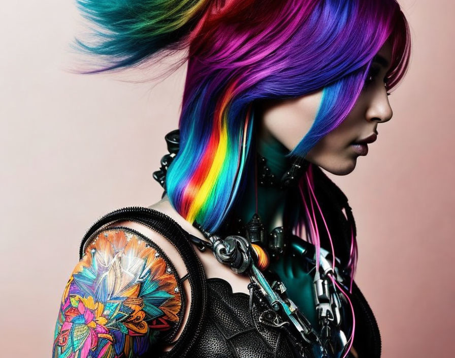 Vibrant rainbow-colored hair and colorful tattoo on shoulder against pink background