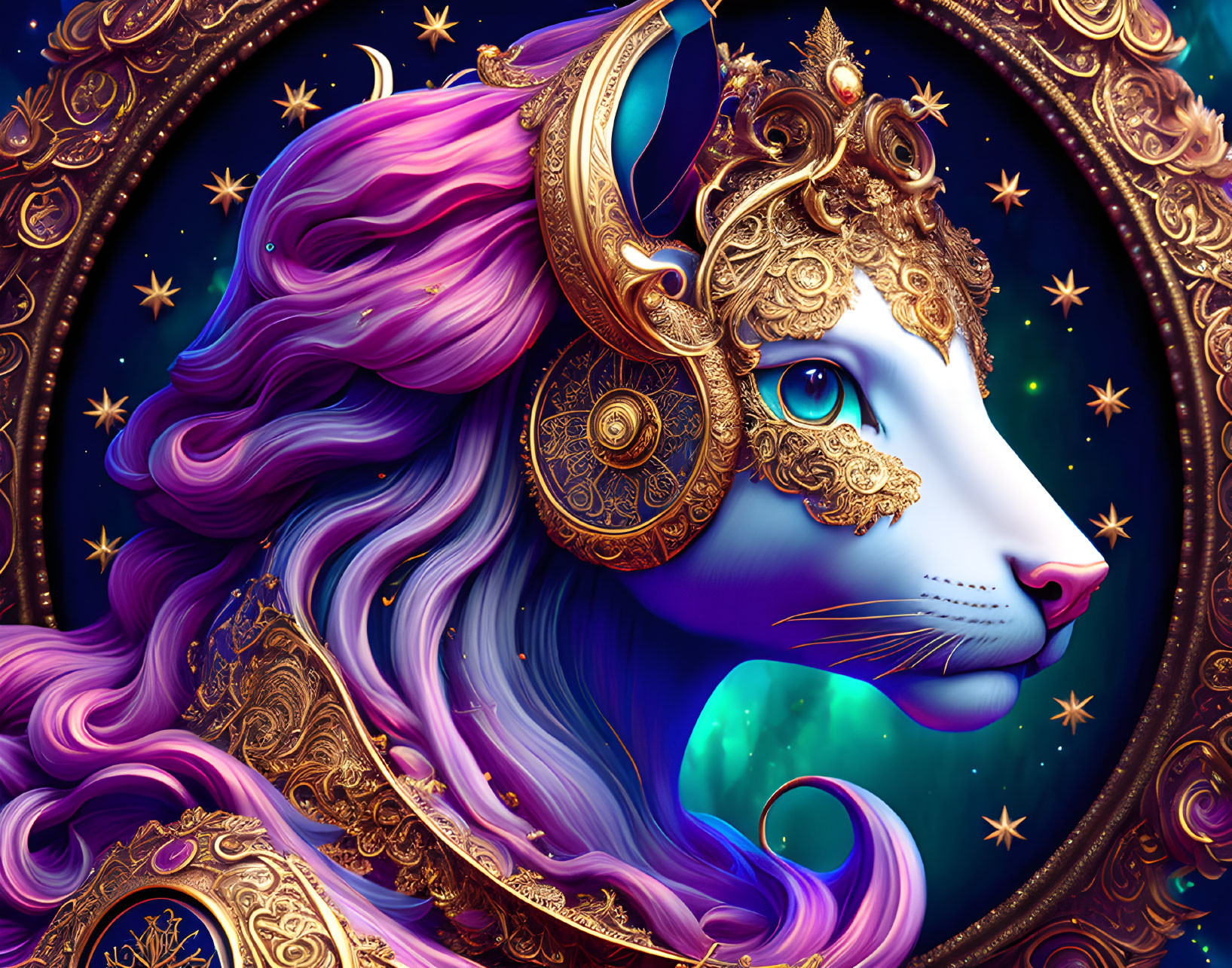 Majestic cat in golden armor with purple hair on cosmic background
