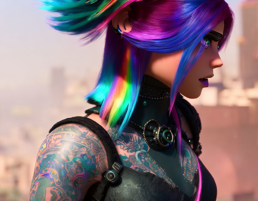 Vibrant side profile of woman with rainbow hair and tattoos against cityscape.