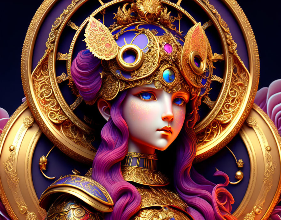Fantasy female character with purple hair in golden armor on gold and purple background