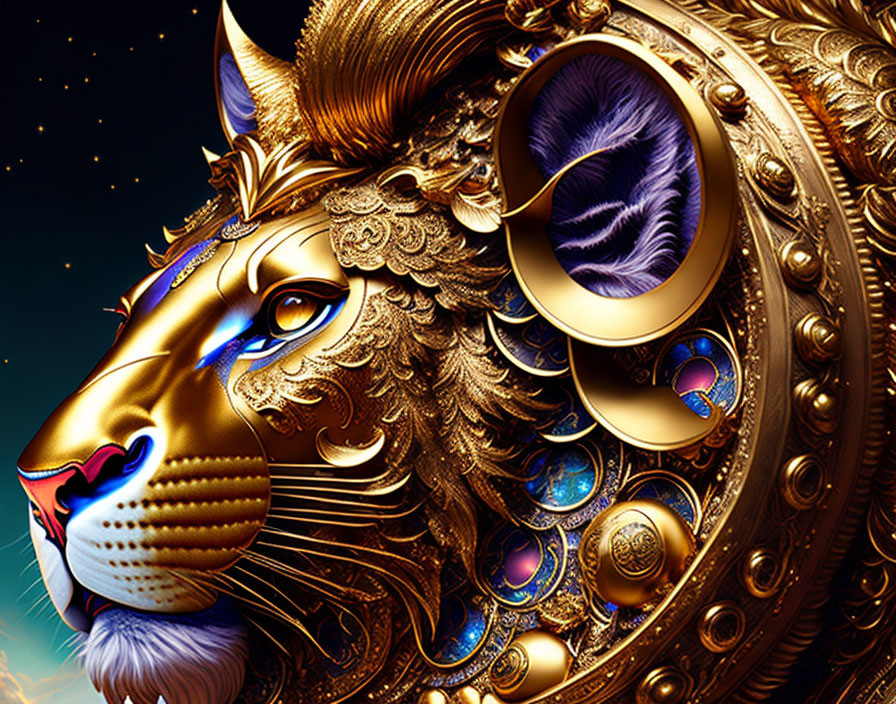 Golden lion's head in ornate armor and jewels against starry night sky