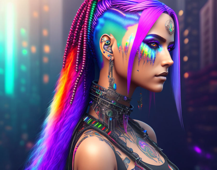 Colorful portrait of female with rainbow hair, cybernetic tattoos, futuristic jewelry, and neon lighting
