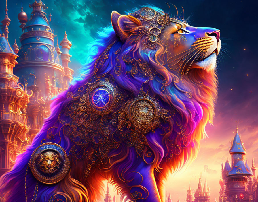 Majestic lion with ornate patterns and jewelry in fantastical castle setting