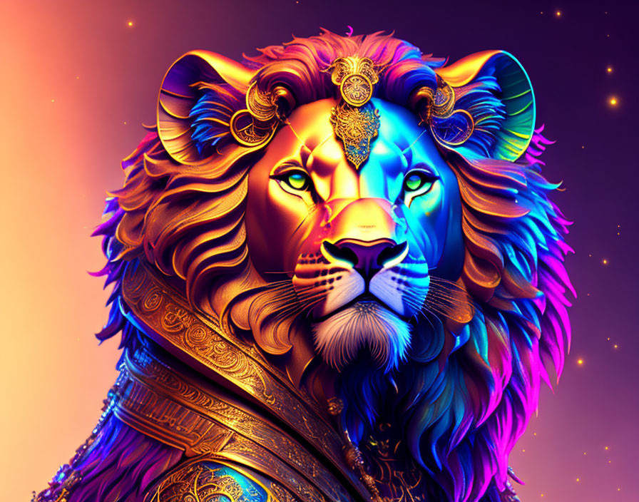 Regal lion digital art with cosmic background & gold jewelry