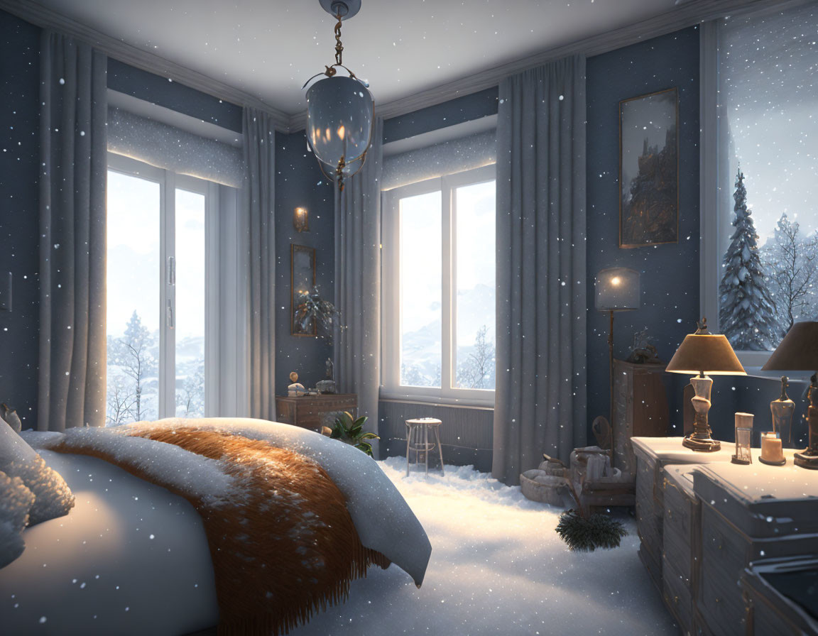 Winter bedroom with warm bed, snowfall view, Christmas lights, snowy landscape.